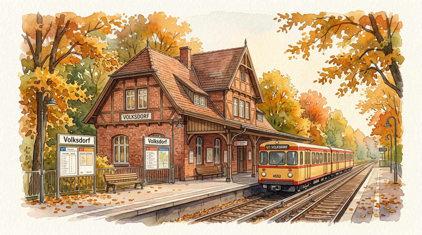 Aquarell vom historischen U-Bahnhof Volksdorf mit einem gelb-roten Hamburger U-Bahn-Zug
